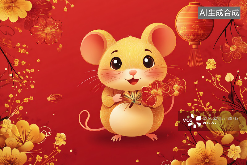 【AI数字艺术】国潮风，红色背景，一只小老鼠，树上挂着的灯笼图片素材