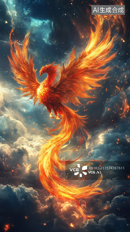 【AI数字艺术】乌云密布的天空中，一只火凤凰图片素材