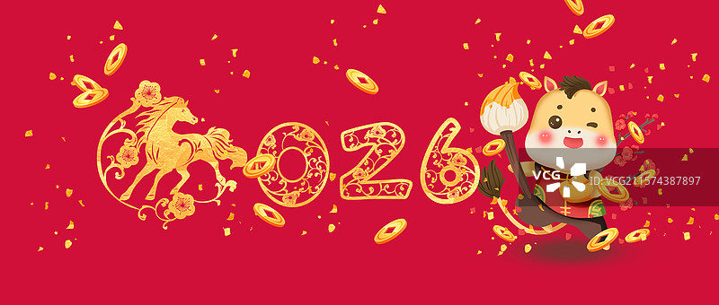 马年生肖新年可爱插画海报图片素材