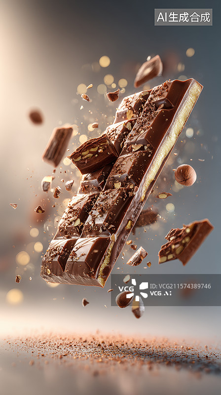 【AI数字艺术】巧克力棒破碎瞬间，坚果四散图片素材