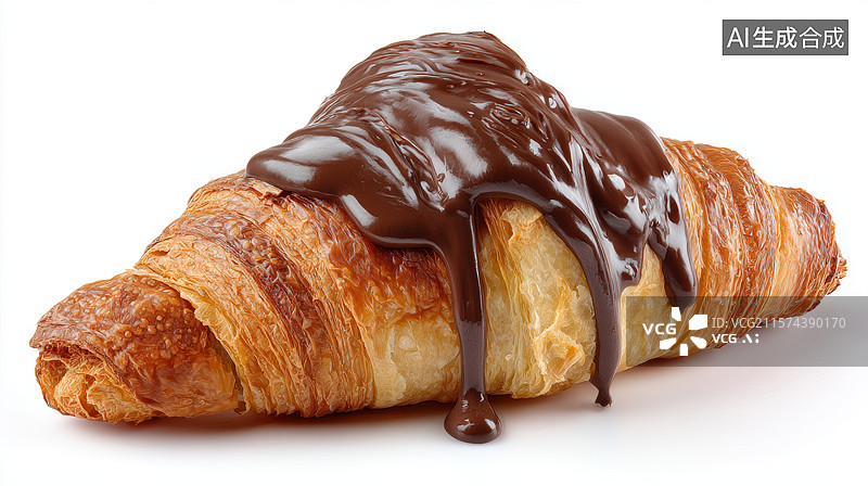 【AI数字艺术】巧克力酱淋面的金黄羊角面包图片素材