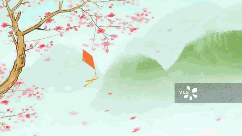 中国画 水墨 动画 插图 桃树 风筝 风景图片素材
