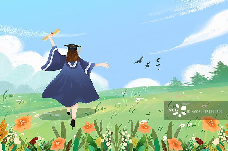 毕业季插画 高考结束后 穿着学士服的女孩拿着喜报在草地上奔跑的背影 户外大自然田野背景 横版图片素材