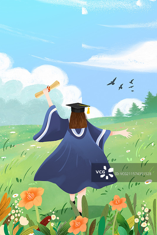 毕业季插画 高考结束后 穿着学士服的女孩拿着喜报在草地上奔跑的背影 户外大自然田野背景 竖版图片素材
