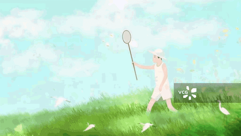 中国画 水墨 动画 插图 男孩 草地 蝴蝶 玩 暑假 快乐 儿童节图片素材