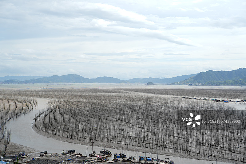 宁德市 沙江镇 沙江村 霞浦沙江S湾 天空 云 滩涂 海带养殖图片素材