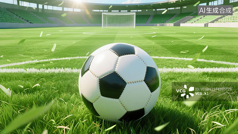 【AI数字艺术】绿茵场上的足球，阳光洒落的足球赛场瞬间图片素材