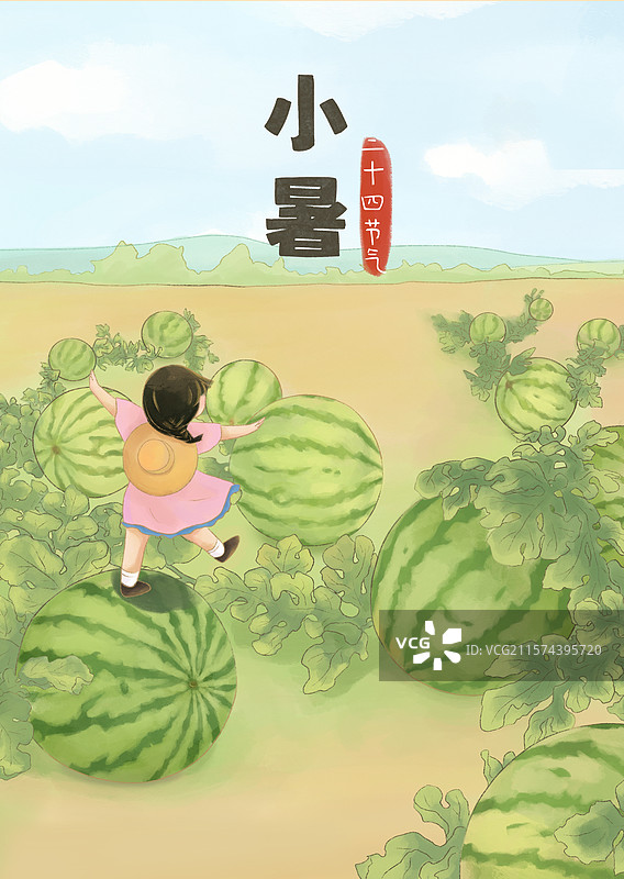 夏天节气小暑女孩与西瓜田图片素材