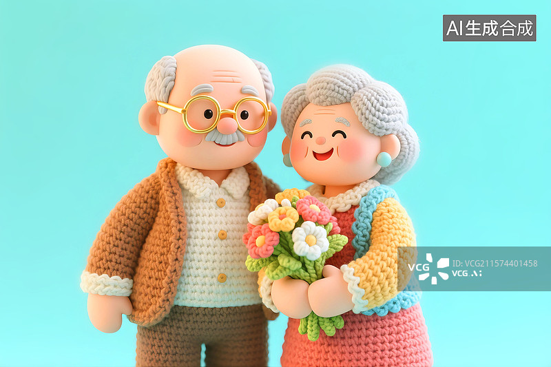 【AI数字艺术】3D立体三维C4D钩针风格纺织品羊毛线编织毛毡制品毛绒绒可爱卡通老年人伴侣抱着一束花图片素材
