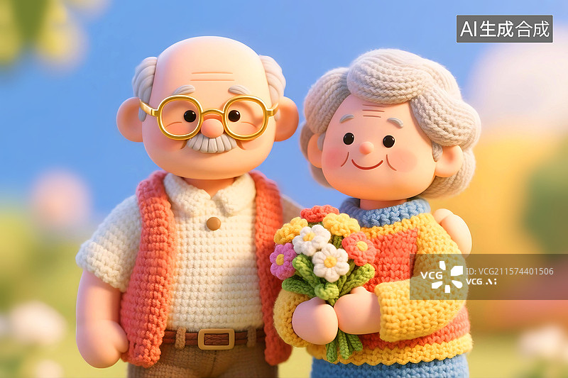 【AI数字艺术】3D立体三维C4D钩针风格纺织品羊毛线编织毛毡制品毛绒绒可爱卡通老年人伴侣抱着一束花图片素材