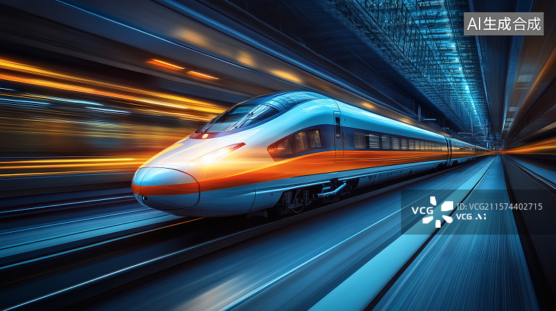 【AI数字艺术】轨道上飞速行驶的高铁列车图片素材