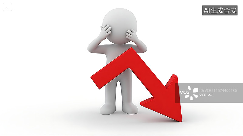 【AI数字艺术】3D 小人抱头与下降箭头图片素材