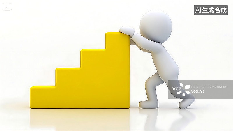 【AI数字艺术】3D 小人推动黄色阶梯图片素材