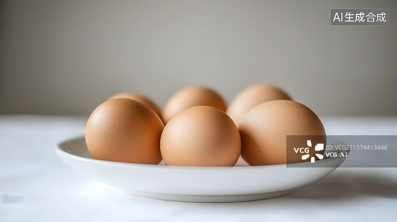 【AI数字艺术】新鲜褐色鸡蛋整齐摆放在洁白陶瓷盘中，柔和自然光照白色盘子上的棕色鸡蛋，展现了简约与自然之美,营养鸡蛋图片素材