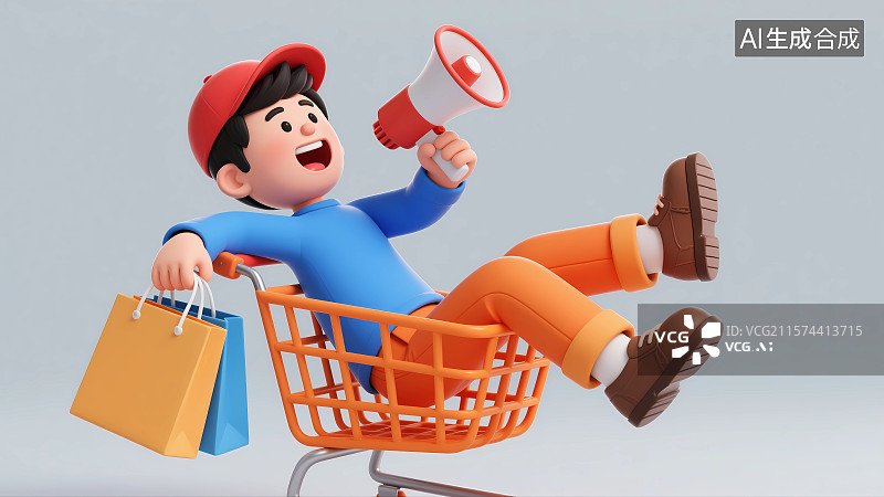 【AI数字艺术】男孩坐购物车里3D卡通插画图片素材