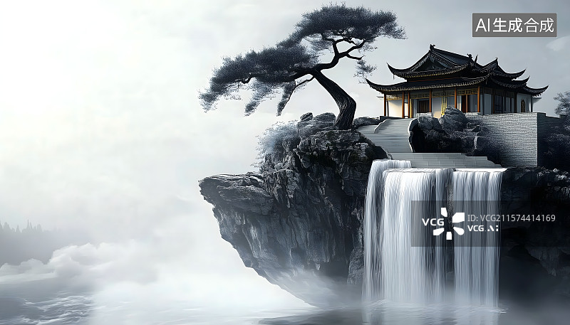 【AI数字艺术】房地产画册宣传背景，国风建筑山水别墅背景，超广角山水中式别墅背景图片素材