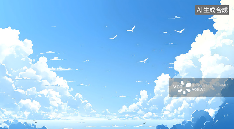 【AI数字艺术】全景云景，晴朗的蓝色白云背景，干净的蓝天白云插画，二次元动漫风格，天空背景图片素材