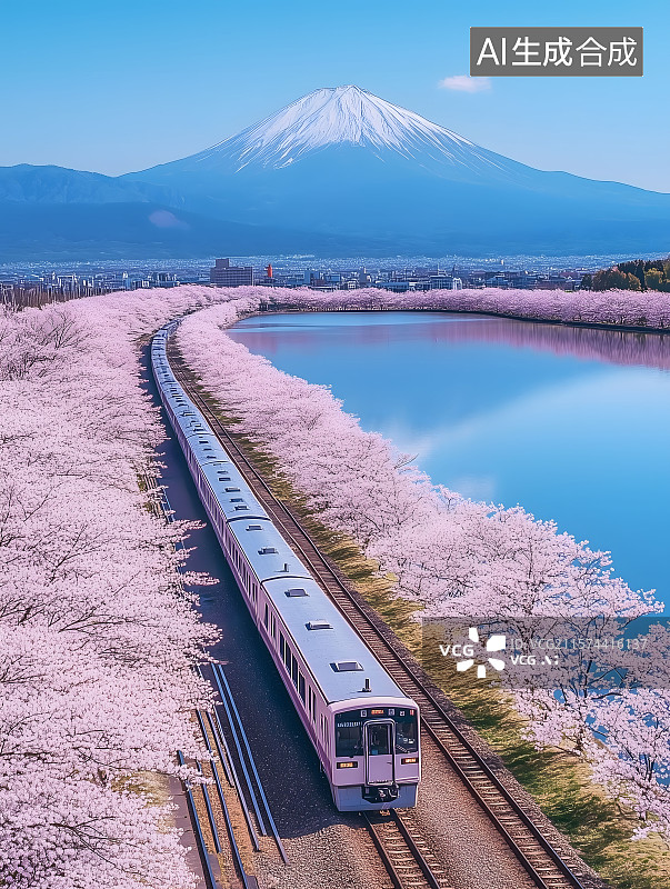 【AI数字艺术】富士山下的樱花列车图片素材