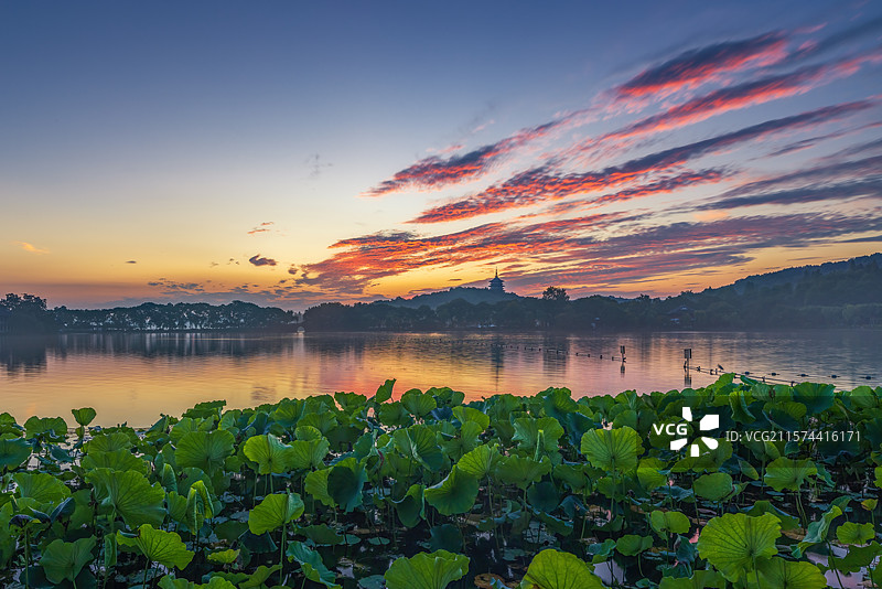 杭州西湖雷峰塔岳湖朝霞火烧云图片素材