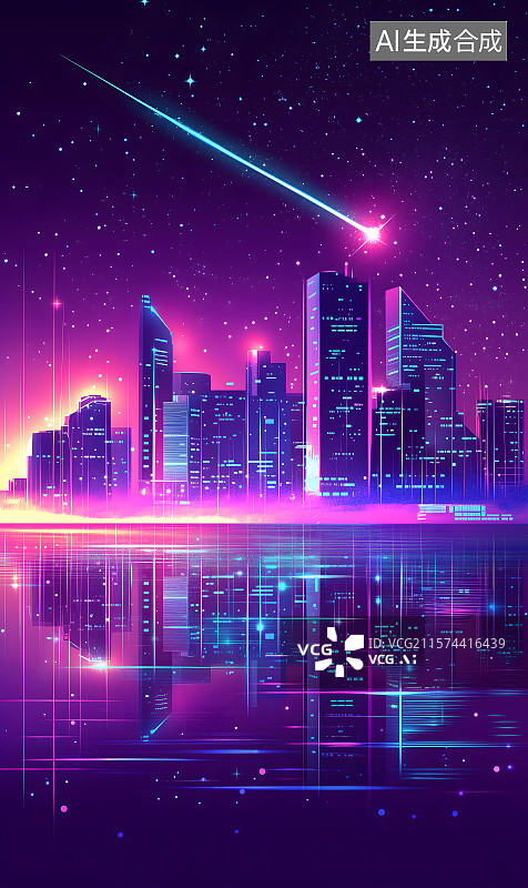 【AI数字艺术】夜晚城市建筑插画，未来城市赛博朋克概念场景图片素材