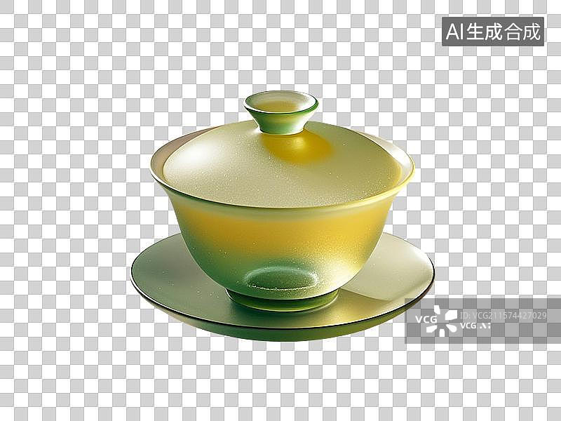 【AI数字艺术】3D渲染，绿色玻璃盖碗，盖碗茶，茶盏，茶杯茶具，茶道，茶文化，喝茶饮茶免抠元素图片素材