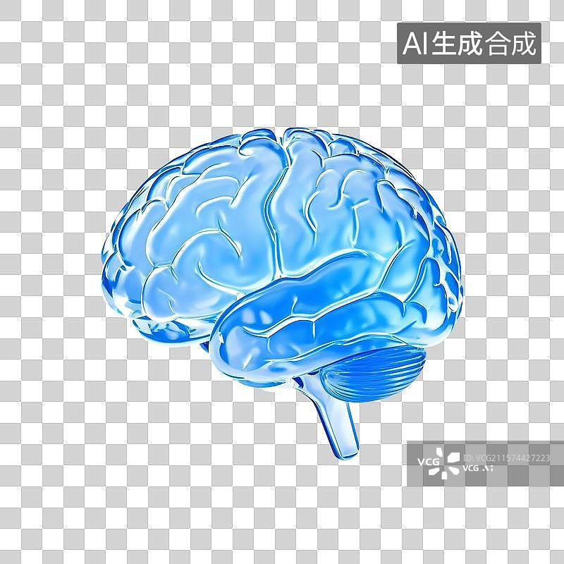 【AI数字艺术】3D渲染，蓝色透明玻璃质感大脑，神经系统，智慧智能，免抠元素图片素材