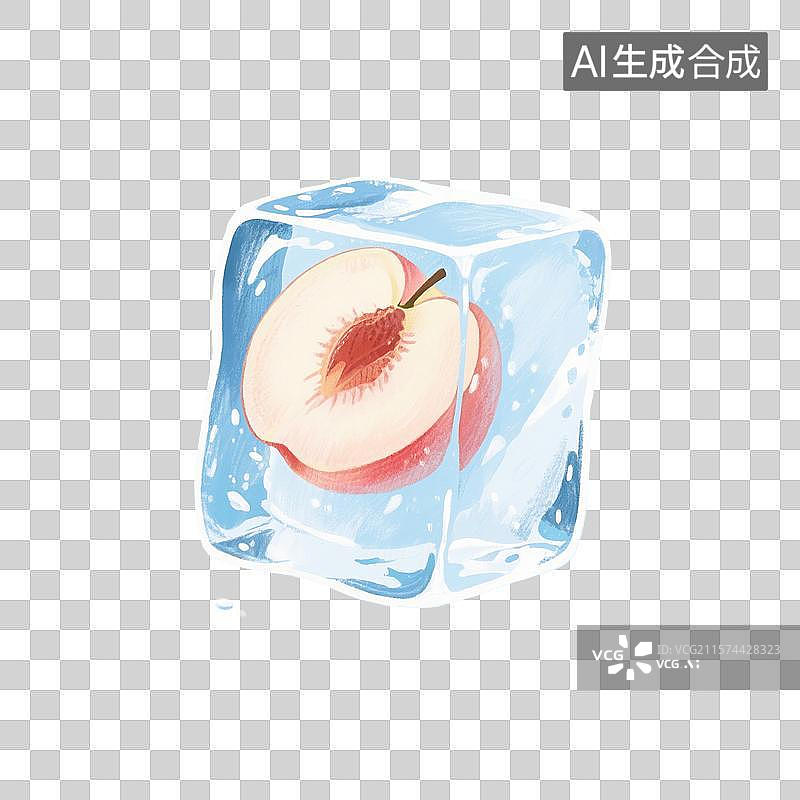 【AI数字艺术】手绘插画，冰块里的桃子，白桃，水蜜桃，蓝色冰块，水果，水果茶，夏天免抠元素图片素材