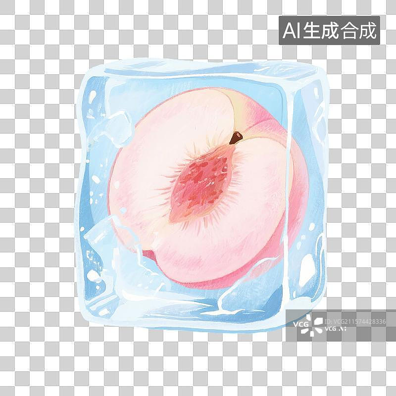 【AI数字艺术】手绘插画，冰块里的桃子，白桃，水蜜桃，蓝色冰块，水果，水果茶，夏天免抠元素图片素材