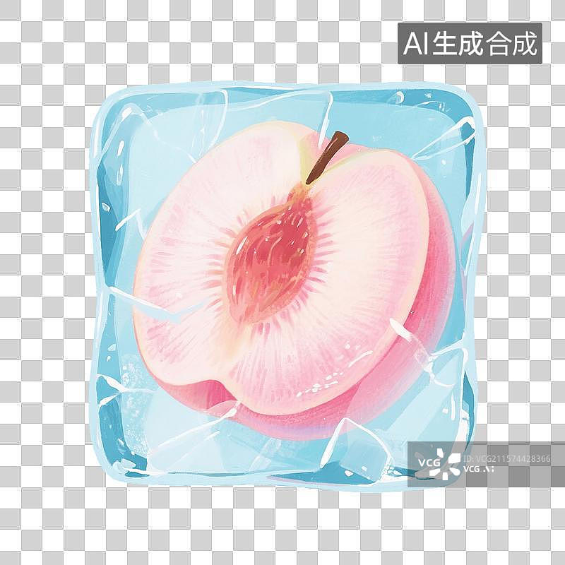 【AI数字艺术】手绘插画，冰块里的桃子，白桃，水蜜桃，蓝色冰块，水果，水果茶，夏天免抠元素图片素材
