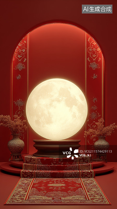【AI数字艺术】高端奢华中秋节圆月产品摆台图片素材