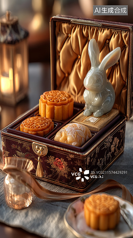 【AI数字艺术】精致奢华锦盒中秋节月饼包装图片素材