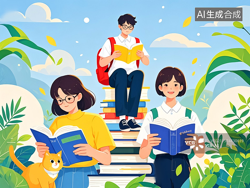 【AI数字艺术】坐在书堆上读书的男孩女孩图片素材