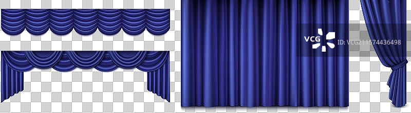 蓝色丝绸窗帘单独放置在白色背景上图片素材