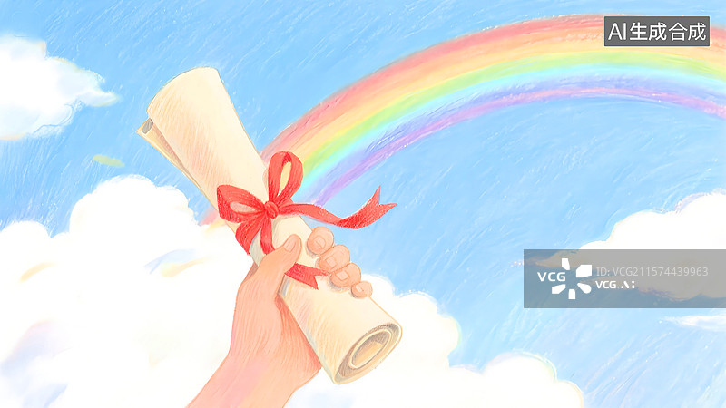 【AI数字艺术】一只手拿着红色丝带系着的录取通知书，蓝天白云下的彩虹，彩铅插画图片素材
