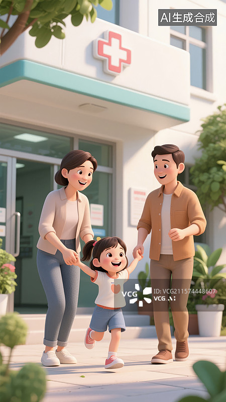 【AI数字艺术】一家三口在医院前开心散步图片素材