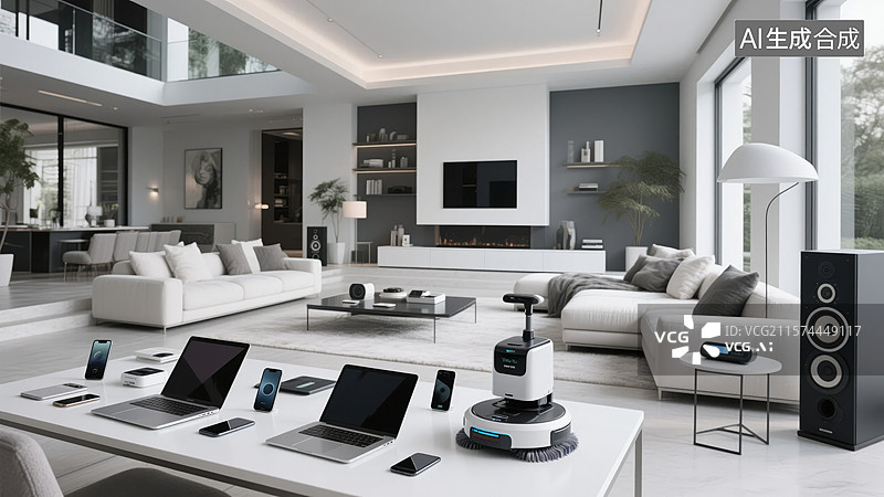 【AI数字艺术】现代客厅展示多种智能设备图片素材