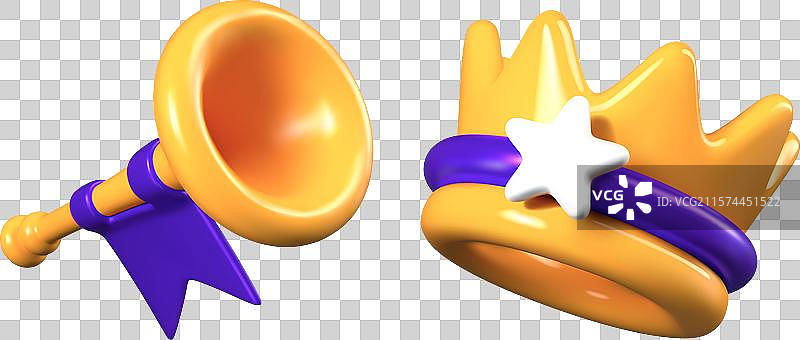 金色王冠和蓝色旗帜的喇叭组合图片素材