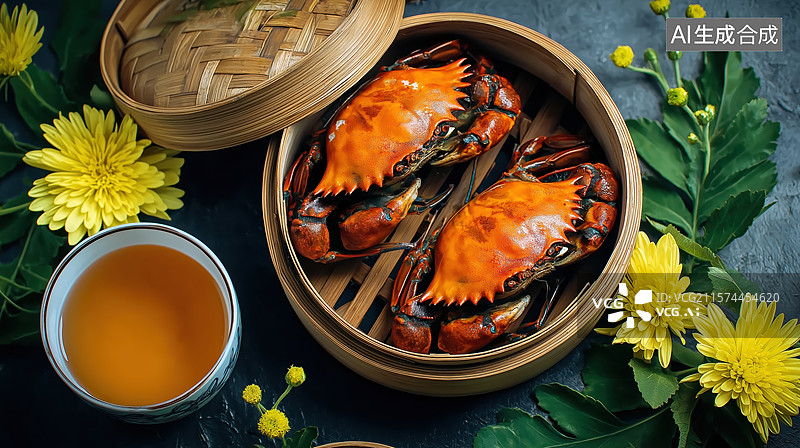 【AI数字艺术】蒸蟹配菊花茶，秋日美食图片素材