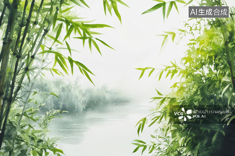 【AI数字艺术】中式水墨风竹林留白背景图片素材