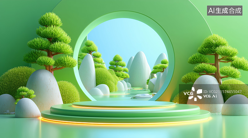 【AI数字艺术】梦幻山水舞台映衬自然美景图片素材