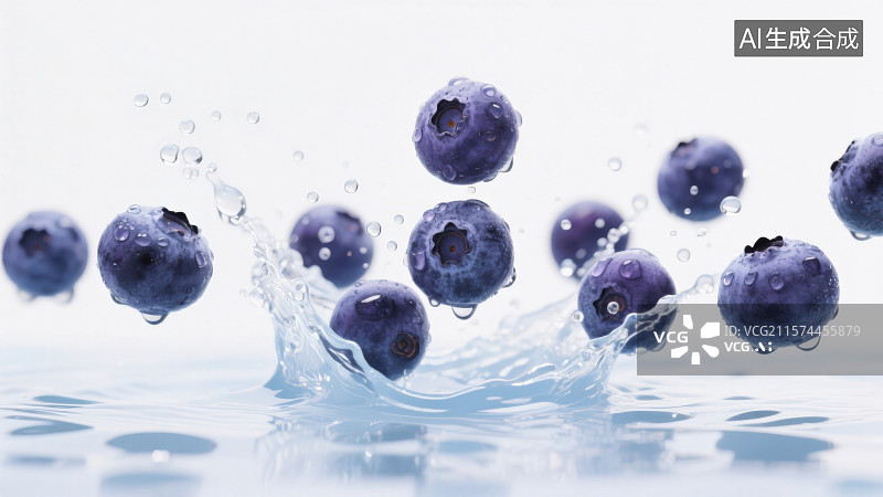【AI数字艺术】多颗蓝莓坠入水中激起晶莹水花图片素材