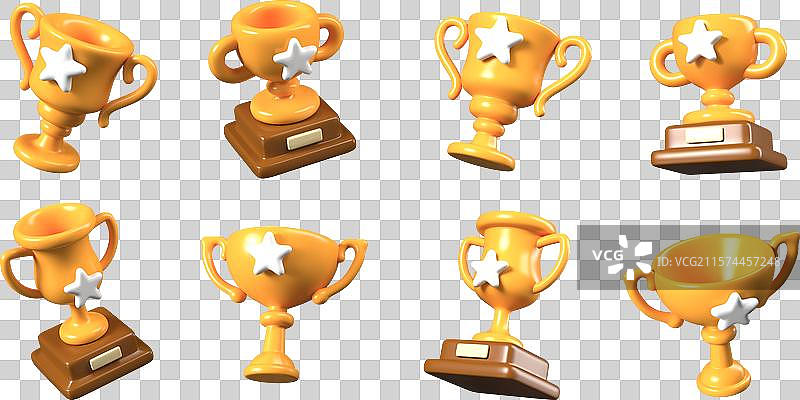 3D卡通风格游戏中的一组金色杯子图片素材