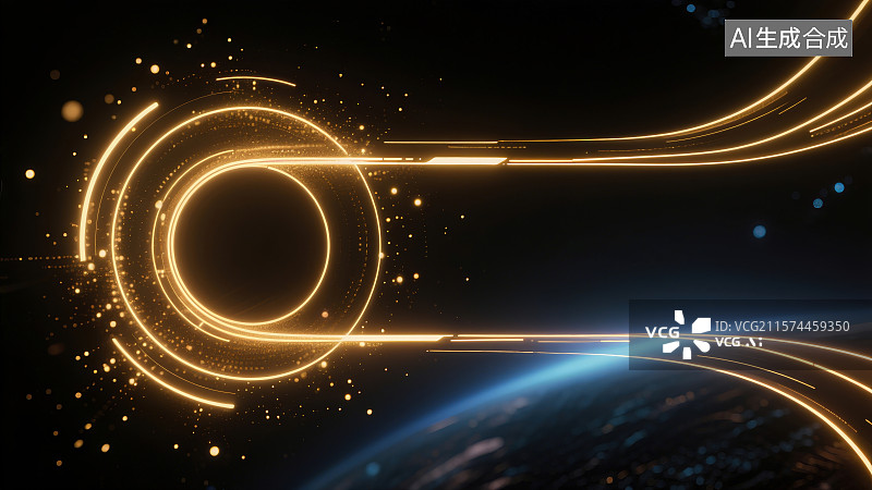 【AI数字艺术】金色光效线条环形图案粒子点缀的科技背景图片素材