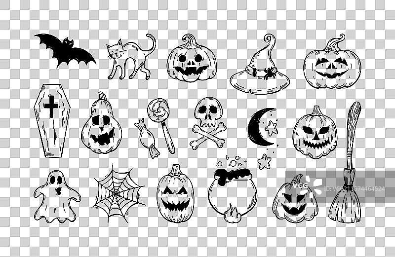 万圣节元素涂鸦， spooky 手绘风格图片素材