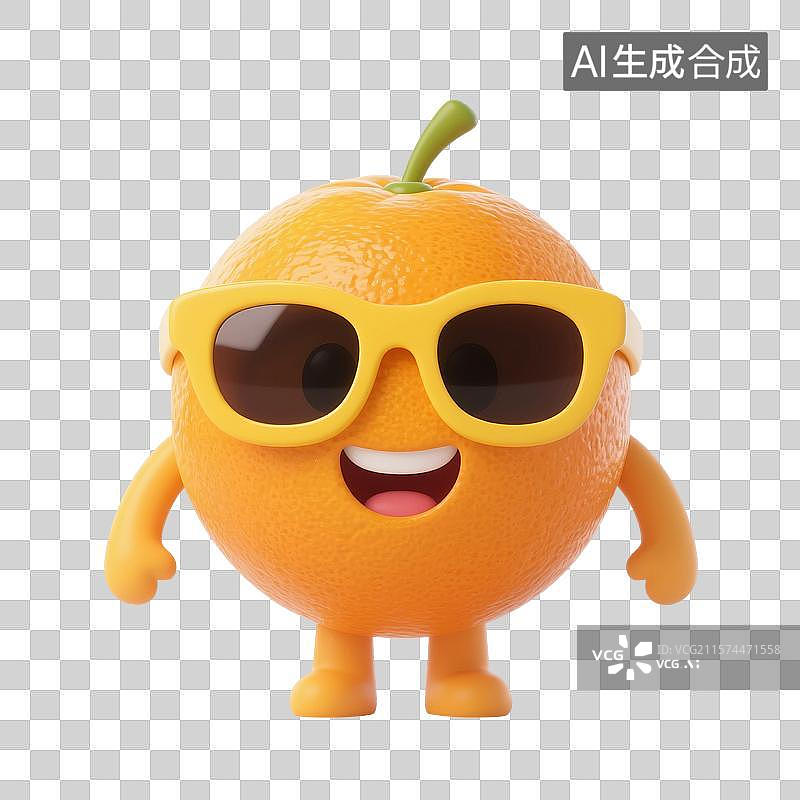 【AI数字艺术】3D渲染，卡通橙子，橘子，夏天戴着墨镜，心想事成，一个新鲜橙子，水果，食材免抠元素图片素材