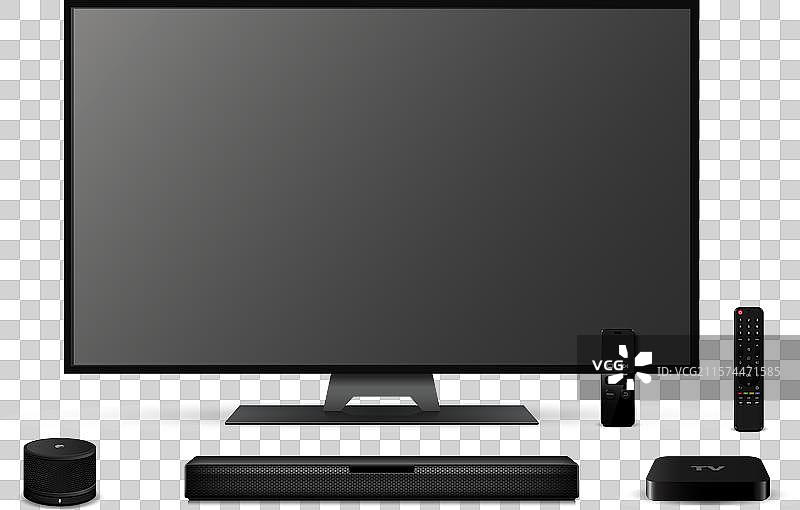 带遥控器的真实感智能电视和音响条图片素材