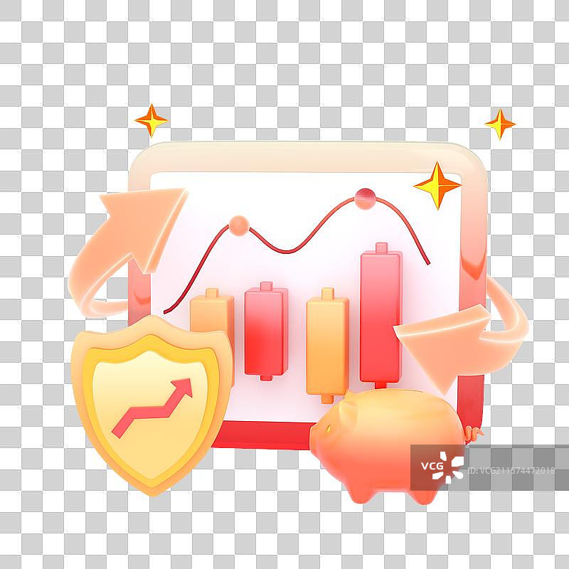 3D金融放大镜k线折线箭头上涨投资股票主题插画元素图片素材