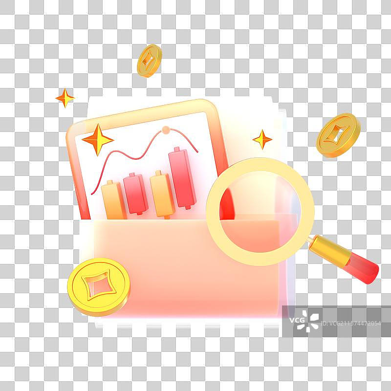 3D金融放大镜k线折线箭头上涨投资股票主题插画元素图片素材