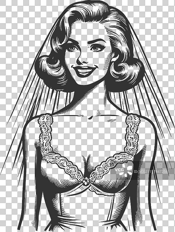 微笑的复古新娘穿着婚纱图片素材