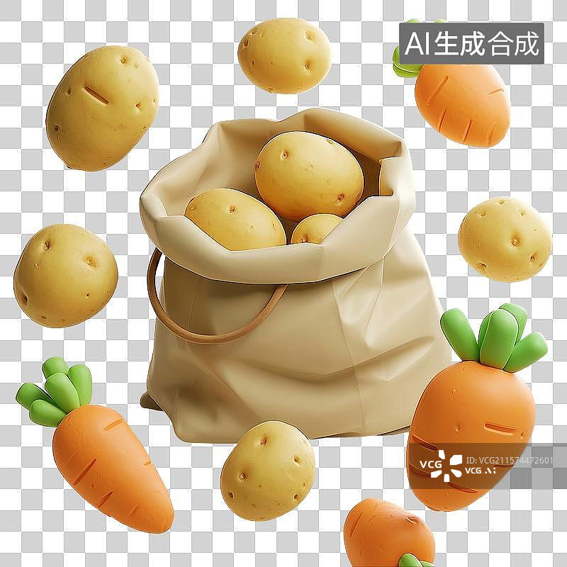 【AI数字艺术】3D渲染，一袋新鲜土豆，马铃薯，蔬菜，食材，丰收，免抠元素图片素材